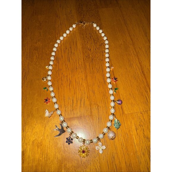Necklace Gold Zirconia Loaded with Chunky Charms Bird Flower Leaf Beads, Pearls - Picture 2 of 9